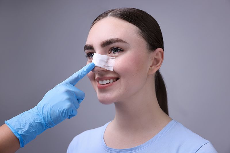 Specialist pointing to a woman's nose after rhinoplasty.