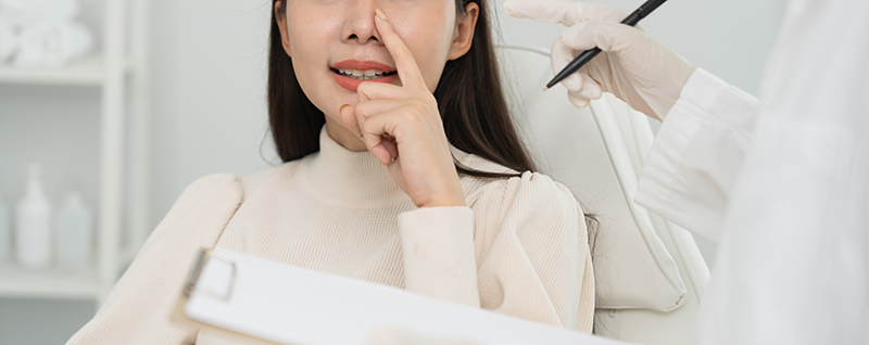 Lady at a post-rhinoplasty surgery review.
